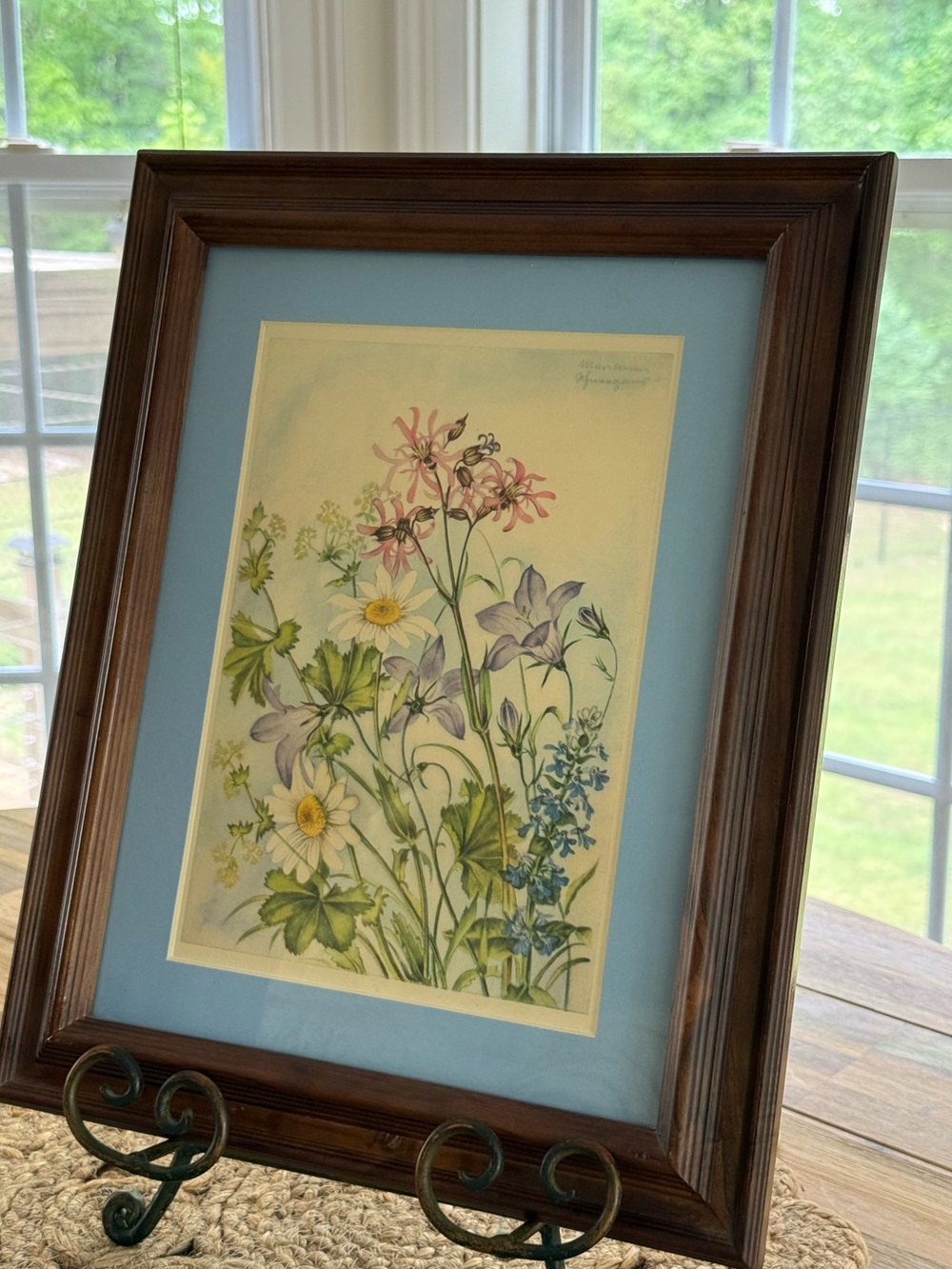 Framed Botanical Print with Blue Mat and Warm Wood Frame